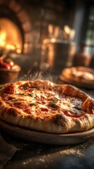 Deliciously hot pizza fresh out of the oven in a rustic kitchen setting at golden hour