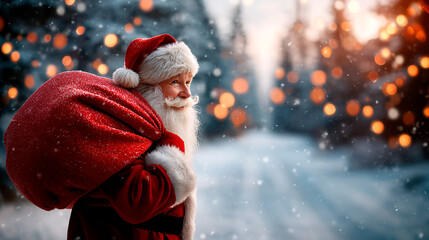 Santa standing on snowy forest path carrying big red bag on his shoulder surrounded by twinkling lights and winter trees. Magical holiday atmosphere, background of Christmas traditions and celebration