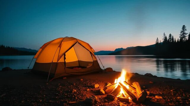 Peaceful Camping by the Lakeside at Dusk
