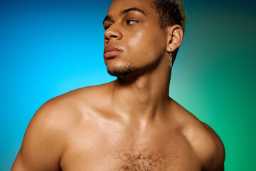 Young man with dyed hair showcases vibrant style in studio setting