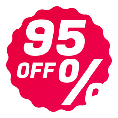 95% Off Round starbursts zigzag shape sales badge icon in red color, Shopping label concept for sales tags. Colorful flat design for app ads web button ui ux elements isolated on white background