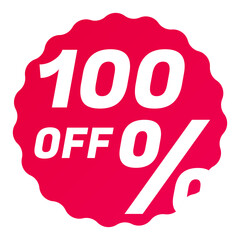 100% Off Free Round starbursts zigzag shape sales badge icon in red color, Shopping label concept for sales tags. Colorful flat design for app ad web button ui ux elements isolated on white background