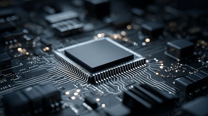 Close-up of a microprocessor on a circuit board, showcasing intricate details and connections.