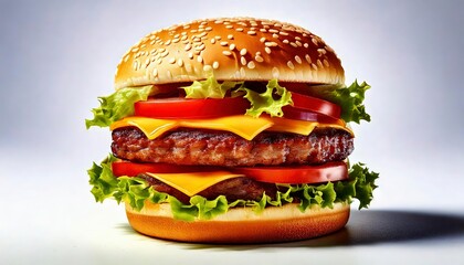 A juicy burger with layers of lettuce, tomato, and cheese
