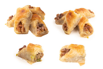 Delicious sweet baklava with walnuts isolated on white background.