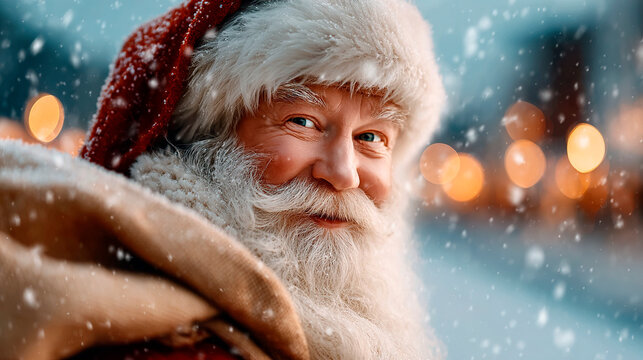 Cheerful Santa Claus close-up portrait. Winter atmosphere, background for Christmas, holiday and seasonal greetings