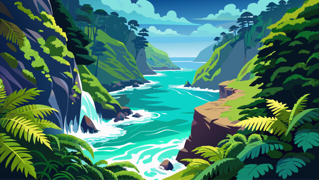 Tsitsikamma Forest, South Africa – Fern-filled gorge opens to crashing waves. Coastal forest meets ocean in green-blue contrast.