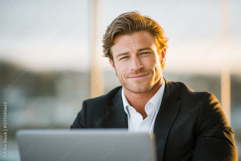 Poster man sits at desk working on laptop while looking at camera with a confident smile. bright office set