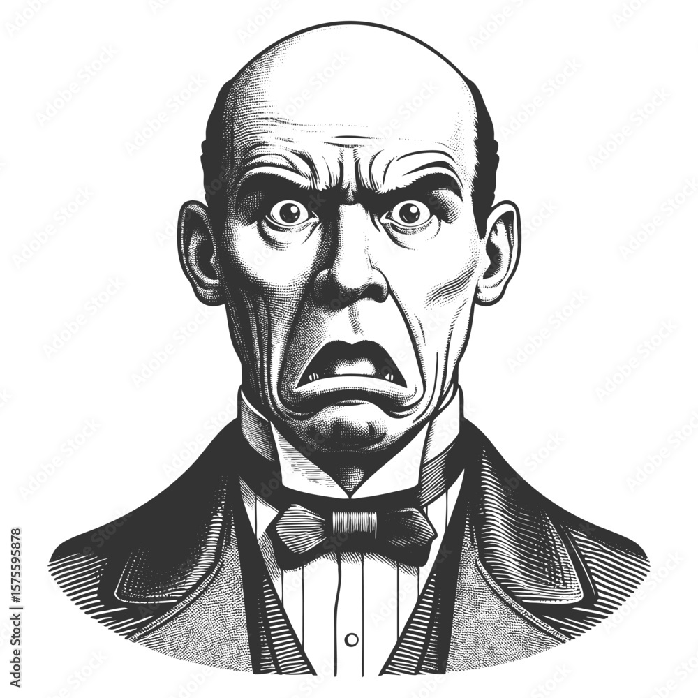 Poster bald man in formal attire with a dramatically shocked and horrified expression on his face sketch en