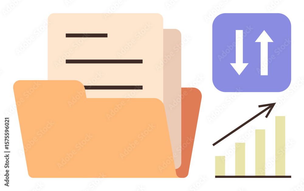 Poster open file folder with sheets, arrow icons for data transfer, and upward graph bar. ideal for organiz