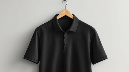Stylish black polo shirt displayed on a hanger against a neutral background.