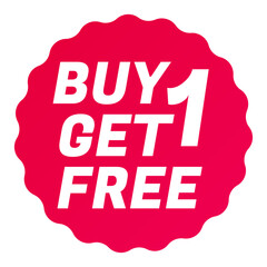 Buy 1 Get 1 Free, Round starbursts zigzag shape sales badge icon in red color, Shopping label concept for sales tags. Colorful flat design for app ads web button ui ux elements in white background