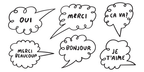 French phrases. Outline speech bubbles. Hand drawn design. Vector illustrations on white background. © Igor