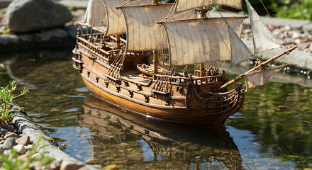 Intricate wooden model ship floats serenely on a miniature pond, reflecting sunlight.