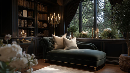 Colonial House Library Nook with Velvet Chaise and Bookshelves