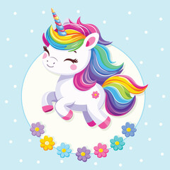 Very cute baby unicorn with beautiful bright colored hair on blue background with flowers. Poster, banner, flyer, greeting card. Vector illustration in flat cartoon style