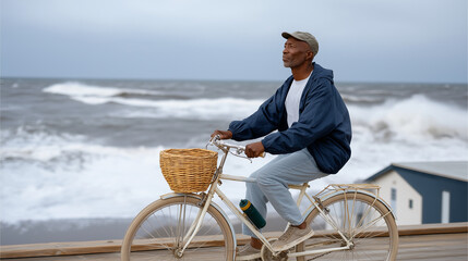 Senior woman cycling on beach boardwalk with vintage bicycle
