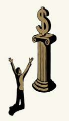 Vector drawing. Adult man worshiping money