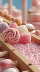 Colorful candy assortment with marshmallows and sweet treats on a wooden display
