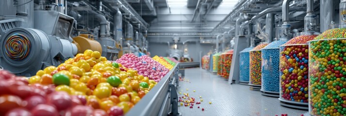 Candy production facility filled with colorful sweets and machinery in action during the daylight hours