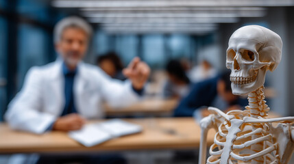Medical Classroom with Doctor and Skeleton Model