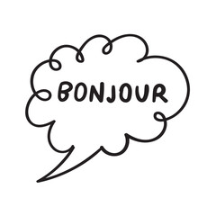 Bonjour or Hello in French. Outline speech bubble. Vector design. Doodle illustration on white background. © Igor
