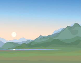 Vector drawing. Lake in the valley