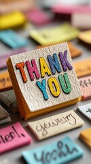 Handmade thank you cards in vibrant colors displayed on a wooden table during a creative crafting session