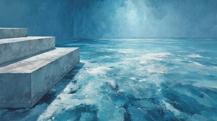 Bright blue abstract background with stairs leading into a serene water surface illuminated by soft light