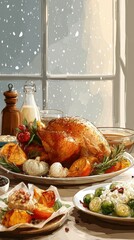 Delicious roasted turkey served with seasonal vegetables on a snowy winter day