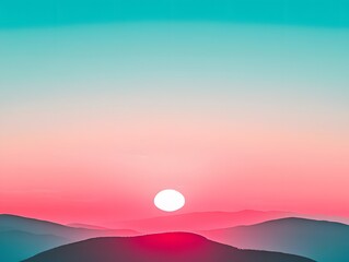 Fototapeta premium Pink and Teal Sunset Mountainscape, Serene Sunrise over Silhouetted Hills