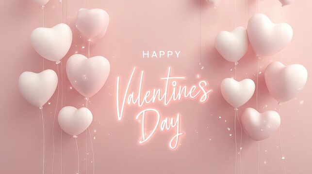 Soft pink heart balloons and neon happy valentine s day greeting