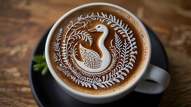 A detailed shot of the intricate design on a latte art creation (e.g., a swan or fern) 