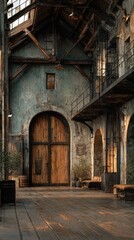 Vintage warehouse interior featuring rustic wooden doors and industrial charm in warm evening light