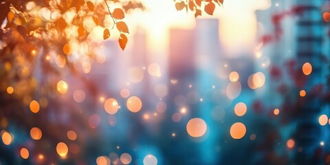 Bokeh lights and sunset hues create a tranquil urban atmosphere in the city skyline