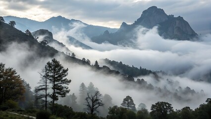 fog over the mountainsforest, path, nature, road, tree, trees, green, landscape, travel, panoramic, white