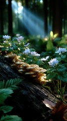 Magical forest setting with glowing mushrooms and white flowers illuminated by soft sunlight