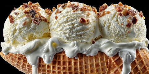 Indulgent ice cream sundae drizzled with creamy sauce and topped with crunchy bits