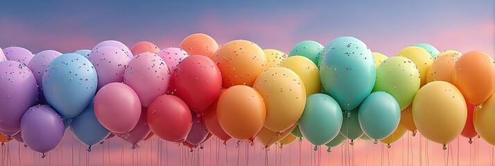 Colorful balloons float in a beautiful sunset sky creating a festive atmosphere for celebrations and events