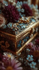 Ornate jewelry box surrounded by colorful flowers in a cozy indoor setting during golden hour