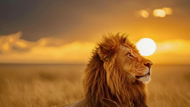 A lion is standing in a field with the sun in the background. The lion is looking to the right