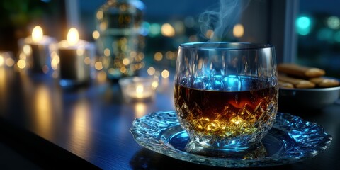 Warm evening drink in a cozy setting with candles and cookies on a table