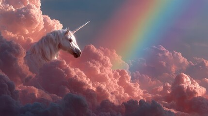 Magical unicorn emerging from fluffy clouds under a vibrant rainbow at sunset