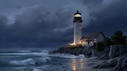 Stormy lighthouse on cliff with turbulent sky and crashing waves