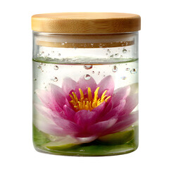 Pink Lotus Flower in Glass Jar with Bamboo Lid Isolated on Transparent Background

