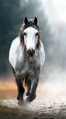 Majestic white horse gallops through misty landscape at sunrise in a peaceful natural setting
