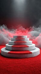 Red carpet stage set against a dramatic smoky background creates a bold visual display ready for an event or performance