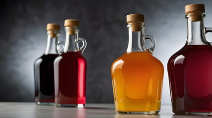  A row of different flavored syrups in clear bottles, ready for mixing drinks 