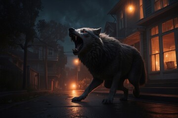 A werewolf is roaming around the city on a dark Halloween night. Generative AI Illustration