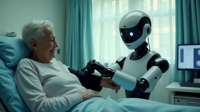 In a hospital room, a robot nurse carefully monitors an elderly patient's hand movements. The patient sits comfortably in bed, receiving support as technology aids in healthcare.